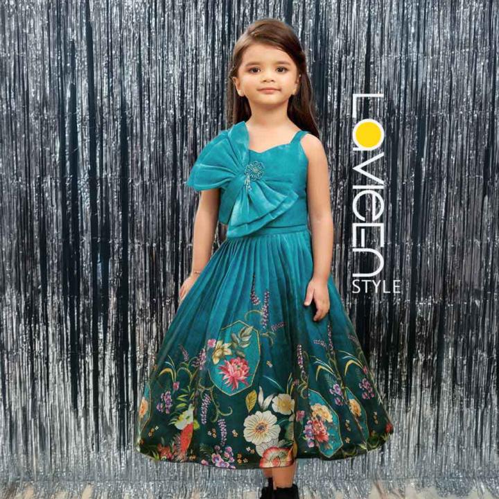 Indo-Western Lehenga Choli, Teal Blue with Multi-color Floral Prints, Premium Silk