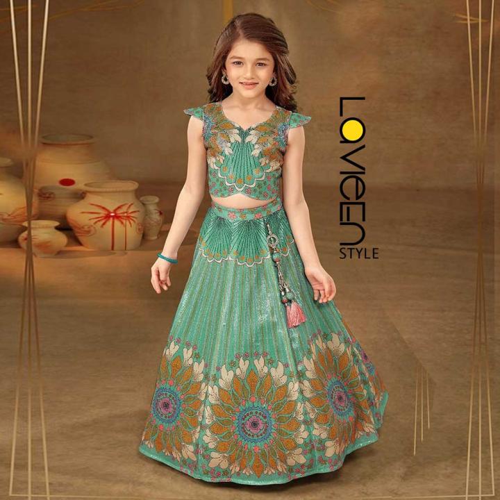 Indo-Western Lehenga Choli, Sea Green with Multi-color Pastel print heavy sequence, Premium Silk