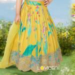 Indo-Western Lehenga Choli, Yellow with Teal and Pink Floral Accents, Premium Silk