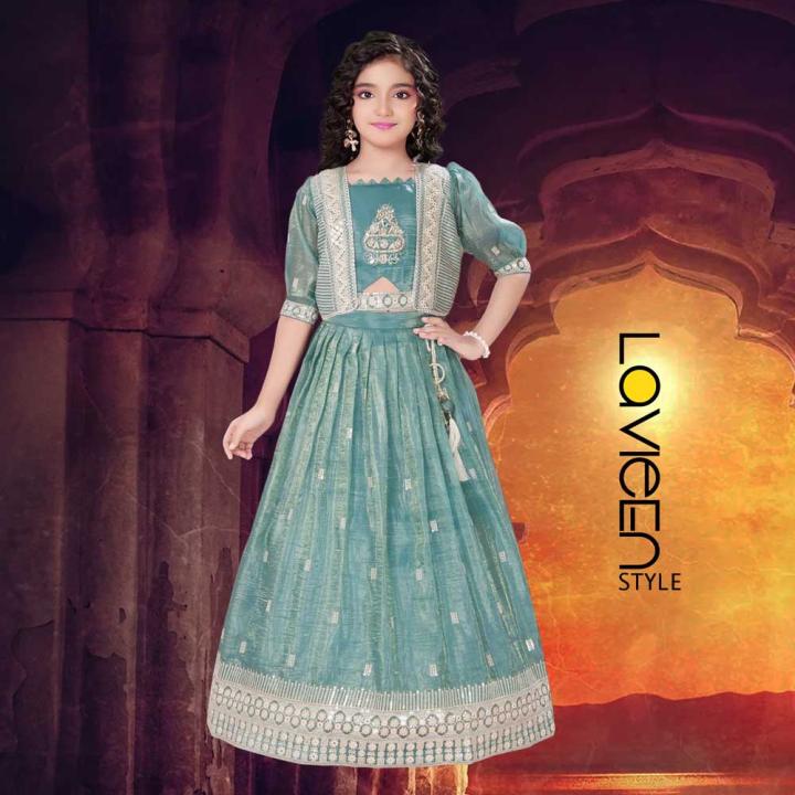 Indo-Western Three-Piece Jacket, Crop Top, and Lehenga Set, Green, Soft Silk