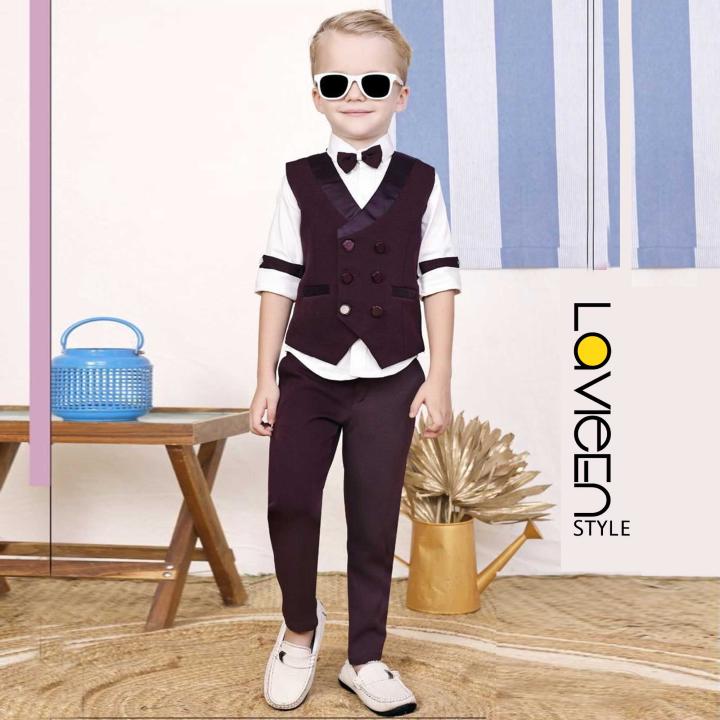 Young Gentleman’s Classic 3-Piece Formal Waistcoat & Bowtie Set, Wine & White