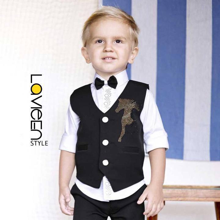 Young Gentleman’s Premium 3-Piece Formal Set with Embellished Waistcoat, Wine Black & White